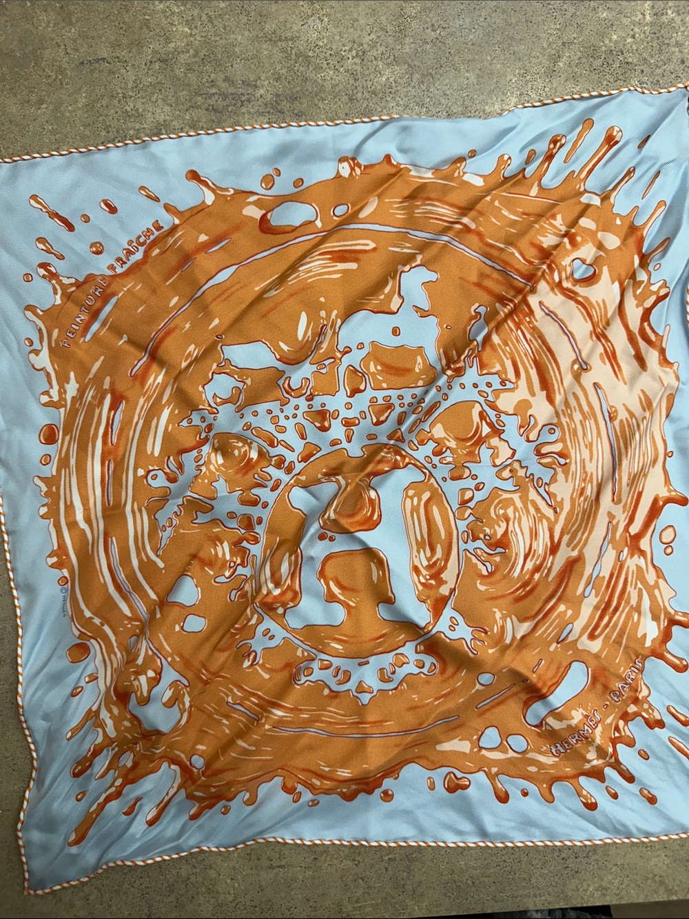 Hermes Light Blue and Orange Silk Scarf with Splash Motif